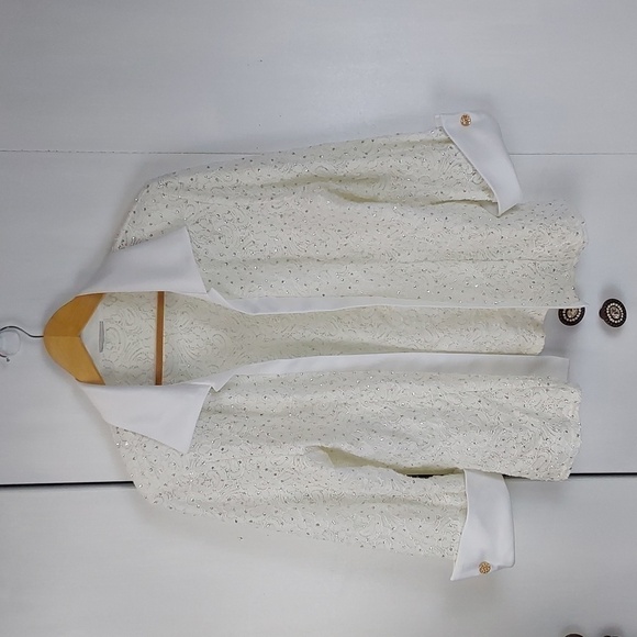 White open Blazer Suit jacket Sparkle holidays rhinestones bling Gorg! Sz.L - Picture 1 of 10